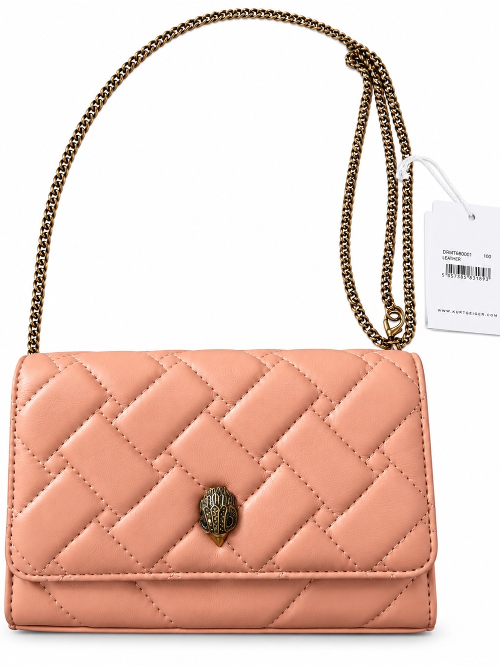 Kurt Geiger Quilted Leather Crossbody Bag in Peach Pink with Gold Chain